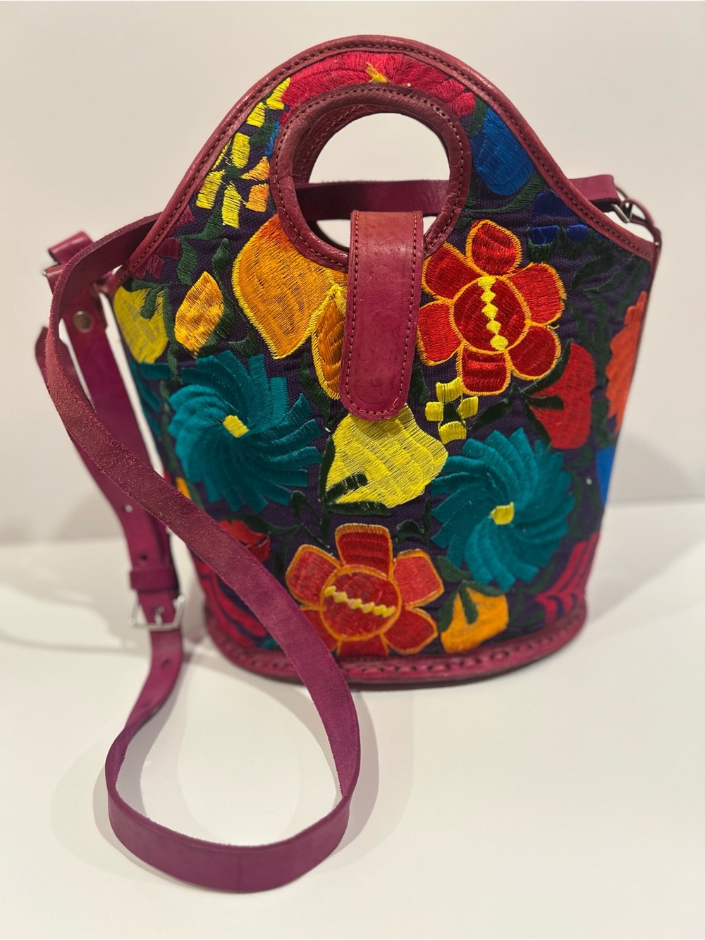 ARTISAN one of a kind Embroidered Floral Bucket Bag in Magenta